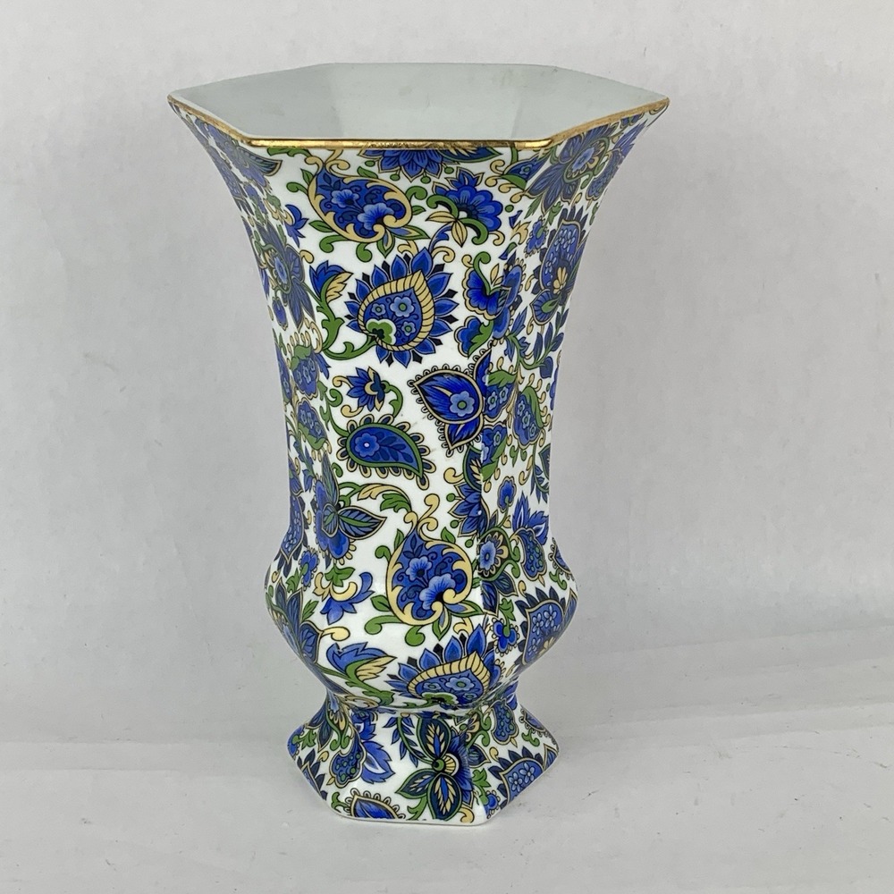 Paisley Gold Leaf Vase Floral Formalities Baum Brothers Blue White Flower Gift